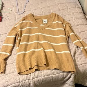 Aerie Tan and White Striped V-Neck Sweater